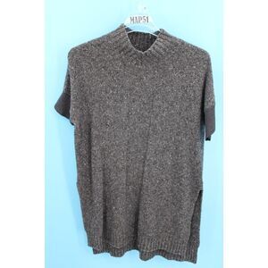 KAREN MILLEN MOCK NECK SHORT SLEEVE SWEATER SIDE SLITS HEATHERED GRAY SIZE 4